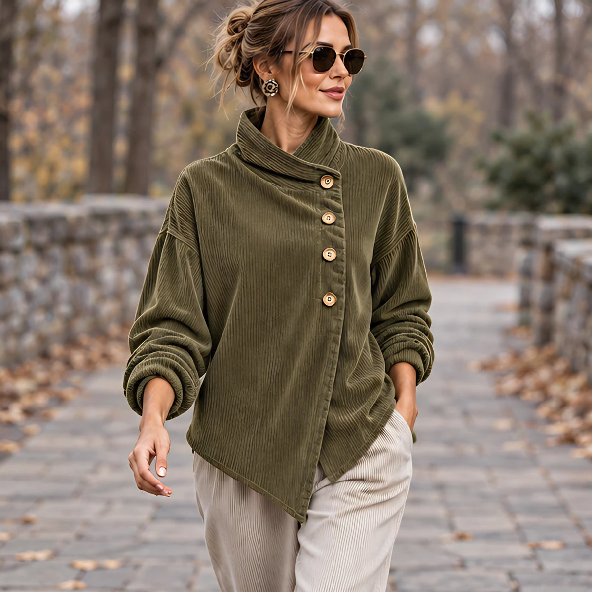 Lorraine Women's Funnel-Collar Corduroy Blouse - Olive - CLO - Hendlys - Image 2