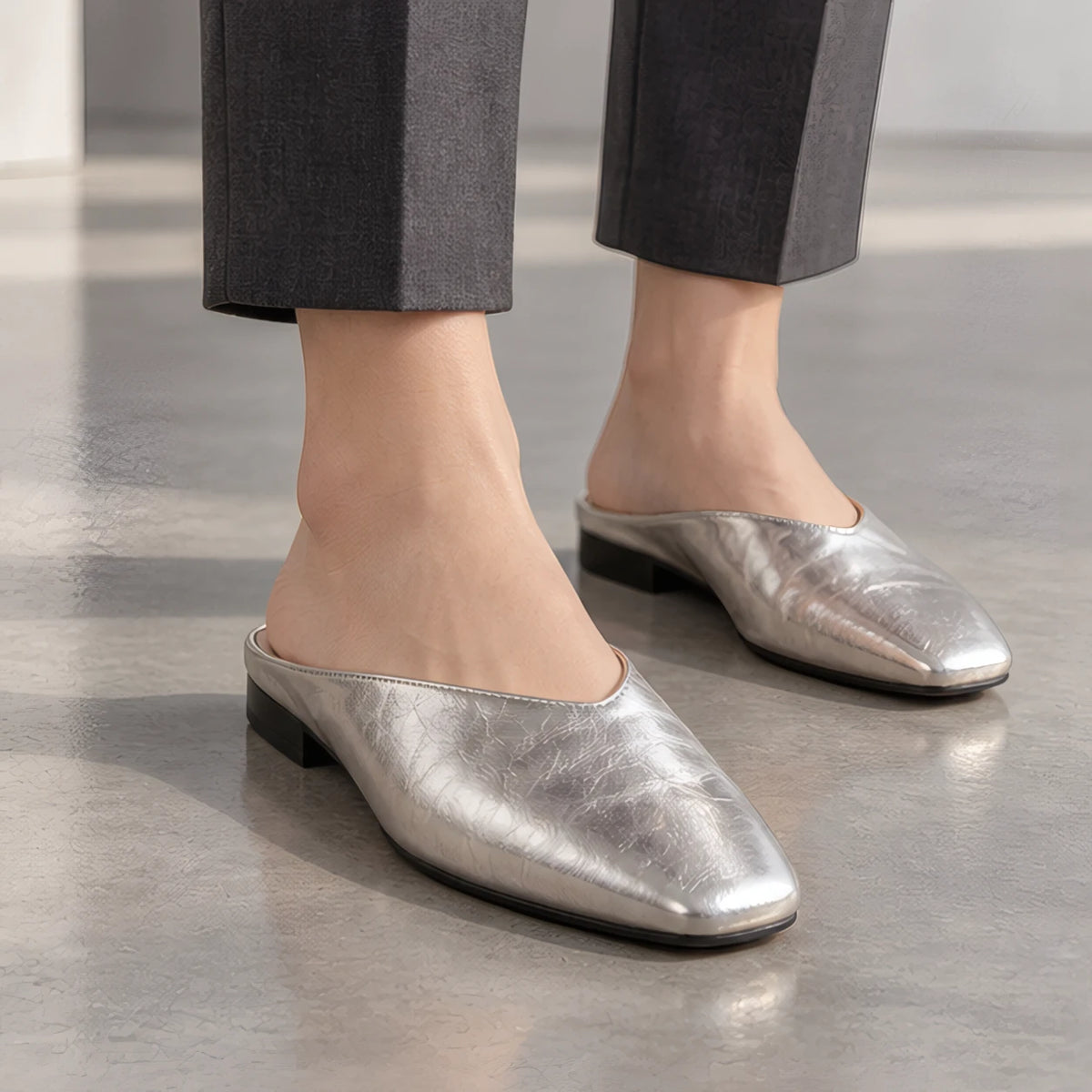 Lucille Women's Metallic Square-Toe Leather Flat Mules - Silver - Women's Footwear > Flats > Mules - Hendlys - Image 1