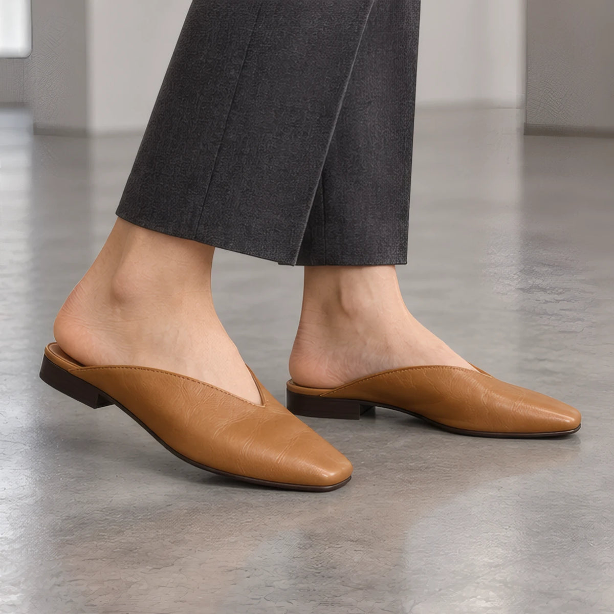 Lucille Women's Metallic Square-Toe Leather Flat Mules - Brown - Women's Footwear > Flats > Mules - Hendlys - Image 1
