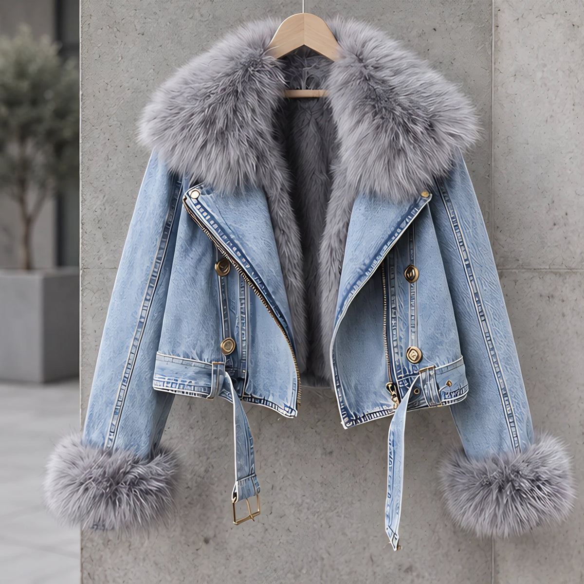 Lunessa Women's Fur-Collar Cropped Denim Jacket - Light Blue - womens - Hendlys - Image 3