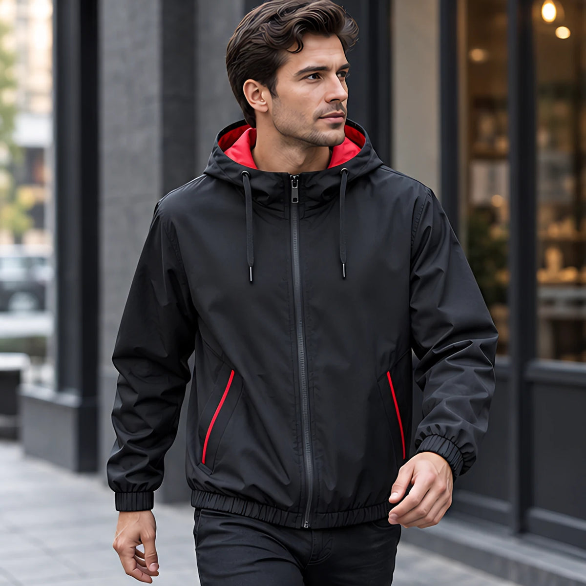 Malvern Men's Lightweight Technical Hooded Windbreaker Jacket - Black Red - discount-eligible - Hendlys - Image 2