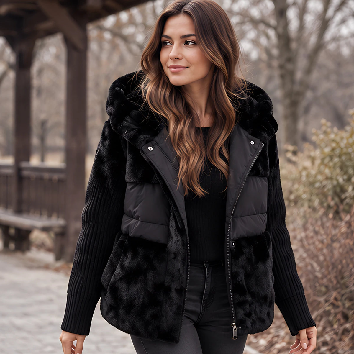 Manon Women's Quilted Sherpa Puffer Jacket - Black - Women's Clothing > Outerwear > Puffer Jackets - Hendlys - Image 1