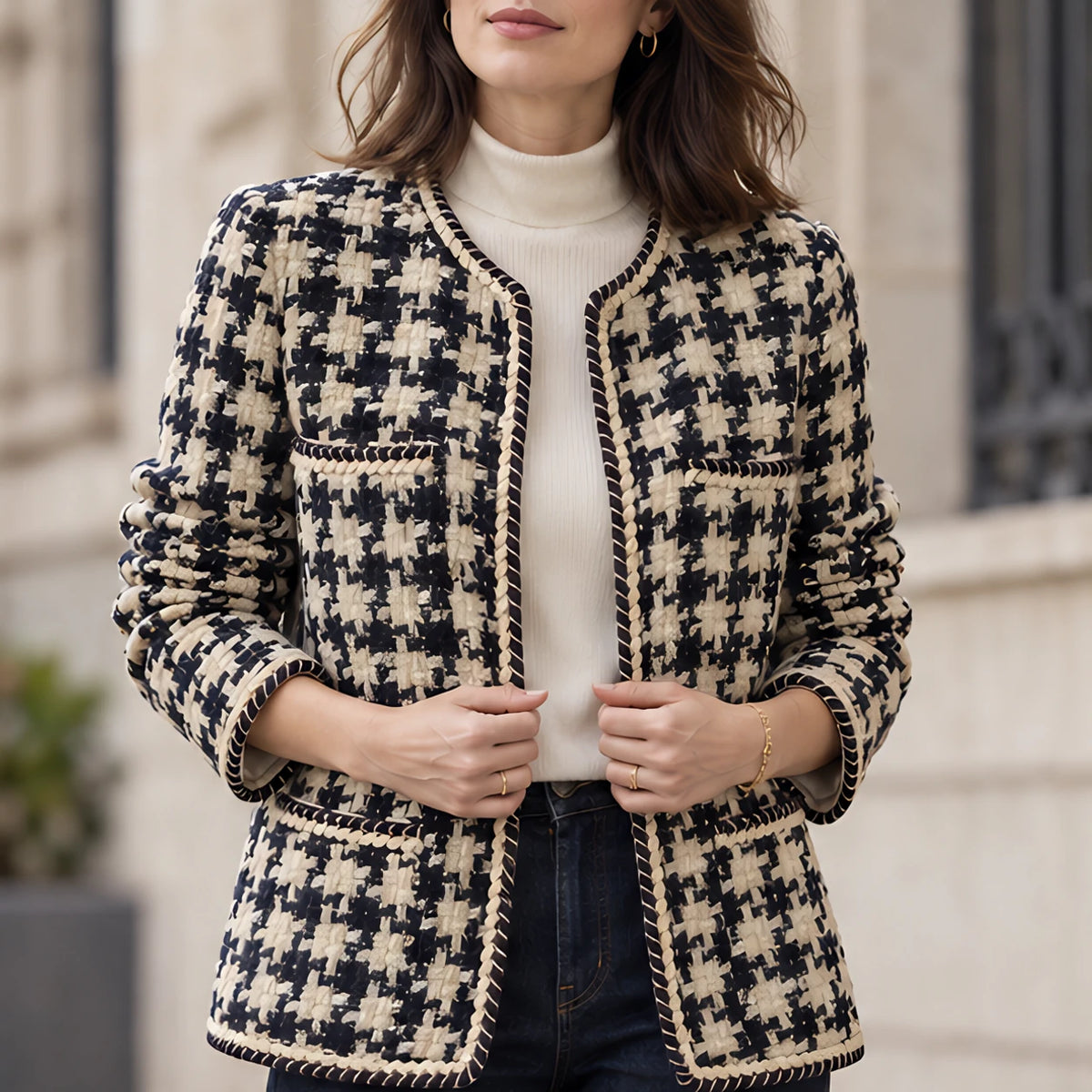Marceline Women's Braided-Trim Houndstooth Jacket - womens - Hendlys - Image 6