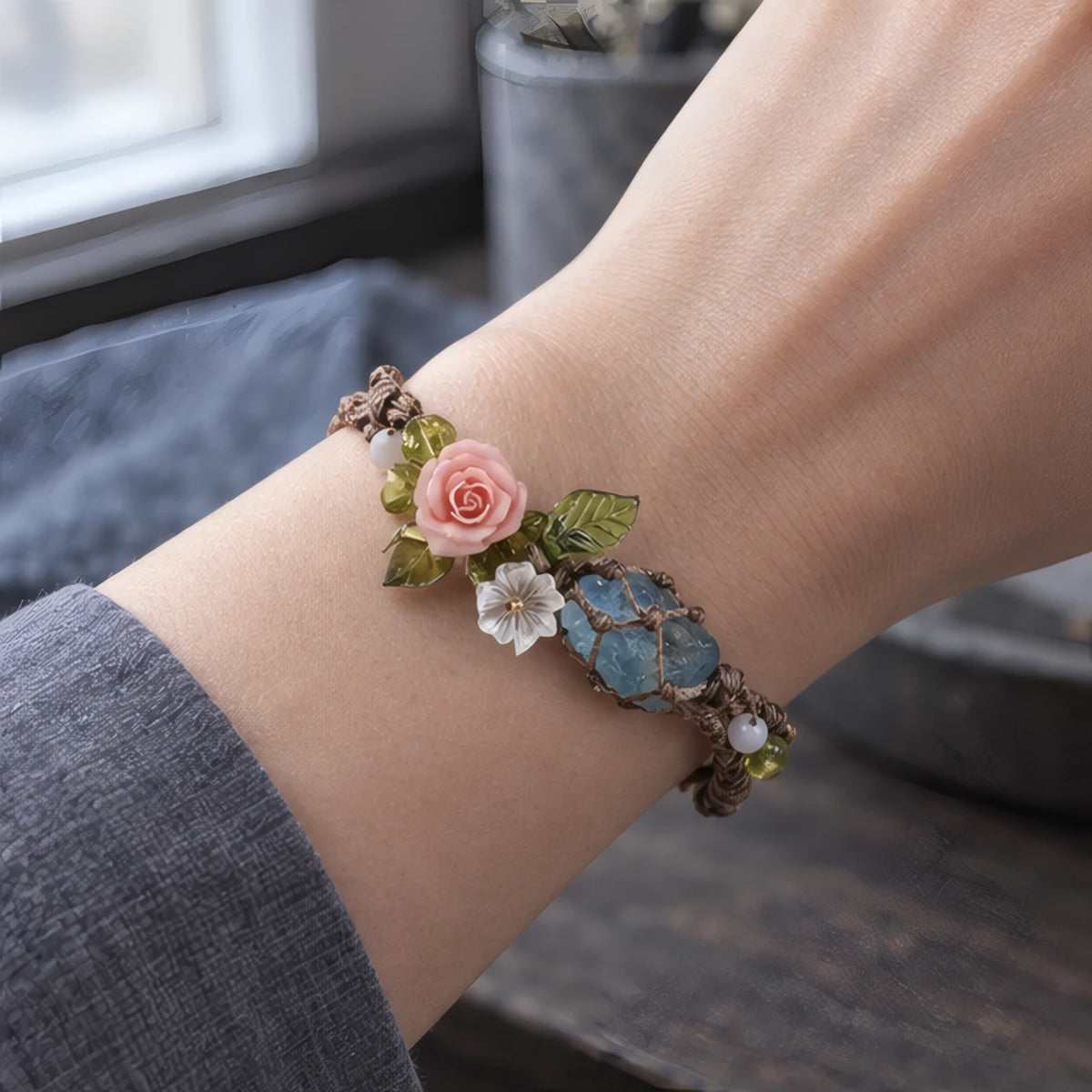 Maribel Braided Bracelet with Rough-Cut Stone and Flowers - Blue - Jewelry > Bracelets > Braided Bracelets - Hendlys - Image 1