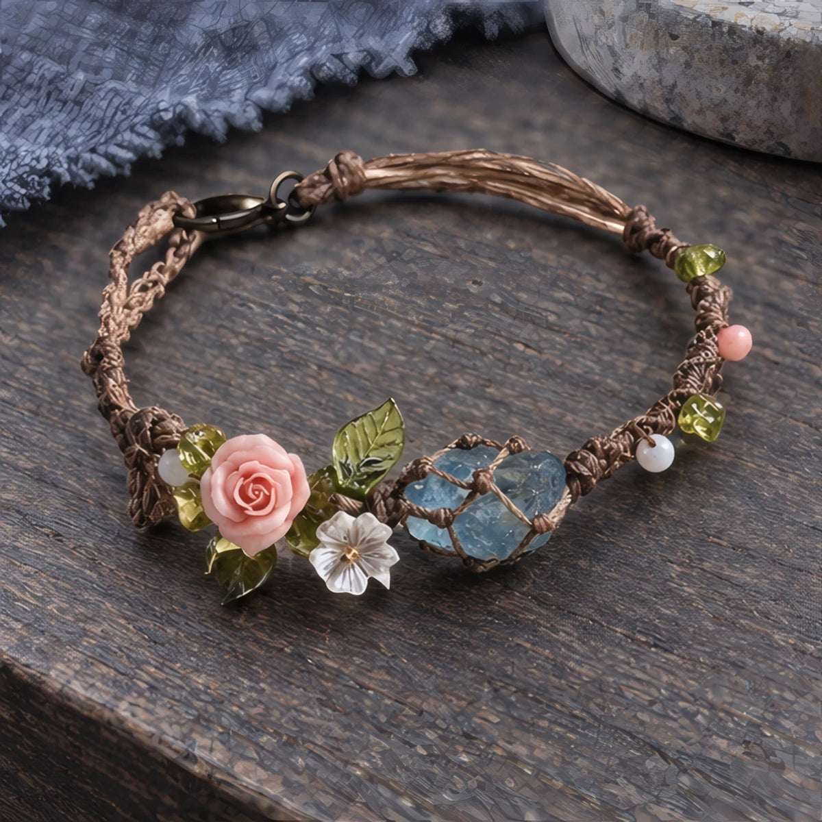 Maribel Braided Bracelet with Rough-Cut Stone and Flowers - Blue - Jewelry > Bracelets > Braided Bracelets - Hendlys - Image 2
