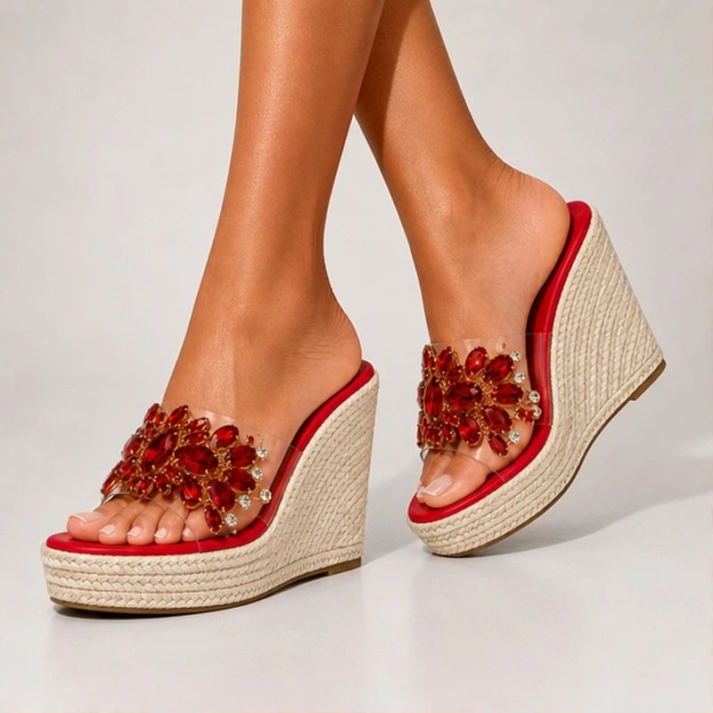 Marielle Crystal Floral Wedge - Red - Shoes - Hendlys - Image 1