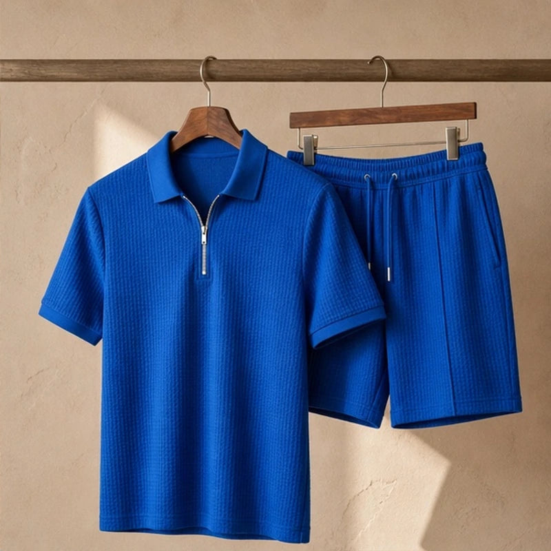 Marin Textured Polo Short Set - Blue - summer outfit - Hendlys - Image 5