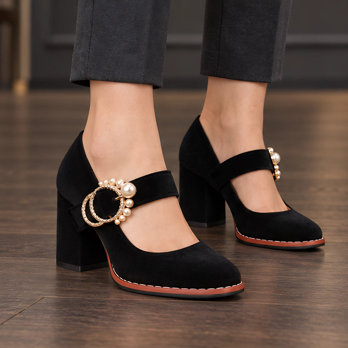 Mathilde Women's Velvet Mary Jane Heels - Black - Women's Footwear > Heels > Mary Jane Heels - Hendlys - Image 1