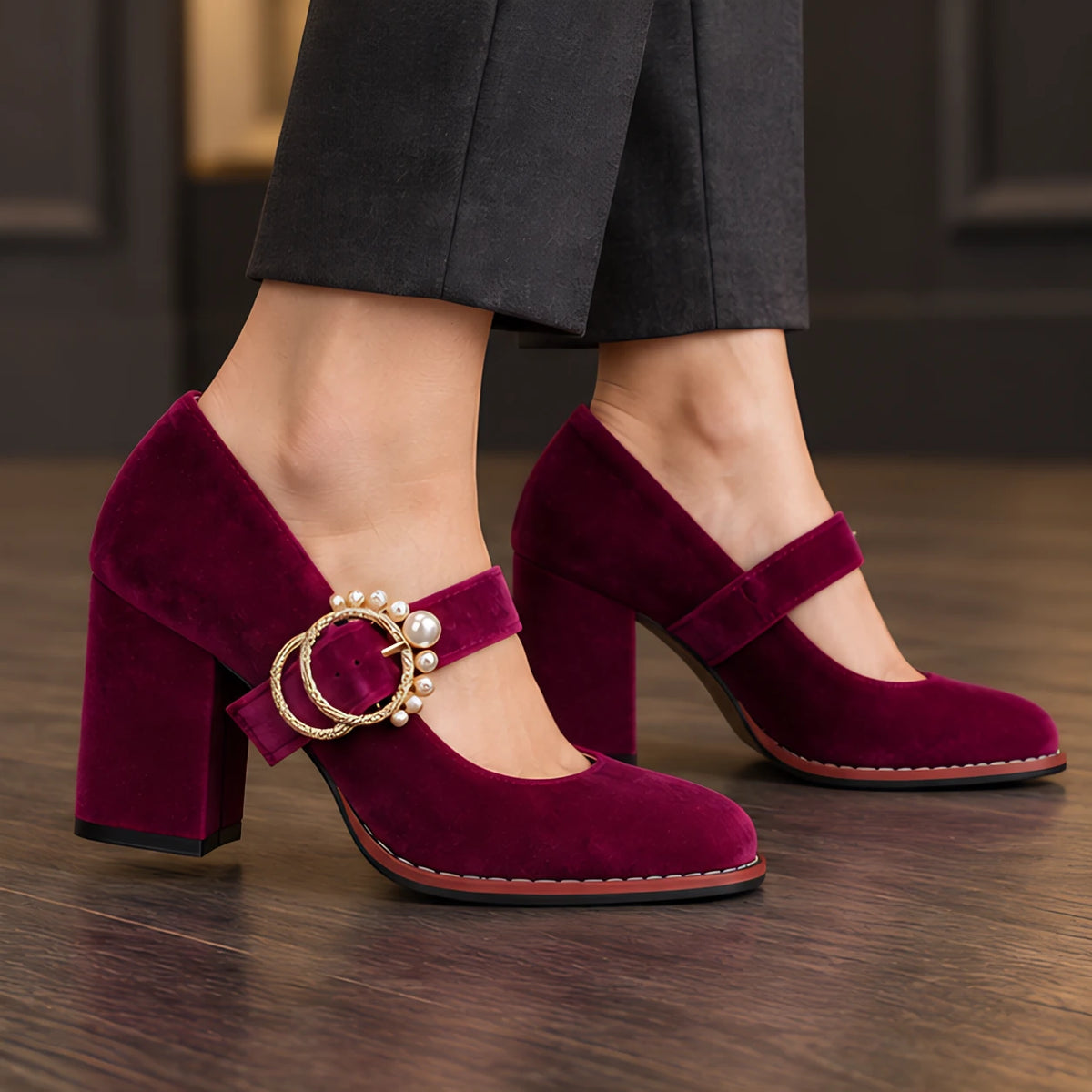 Mathilde Women's Velvet Mary Jane Heels - Pink - Women's Footwear > Heels > Mary Jane Heels - Hendlys - Image 1