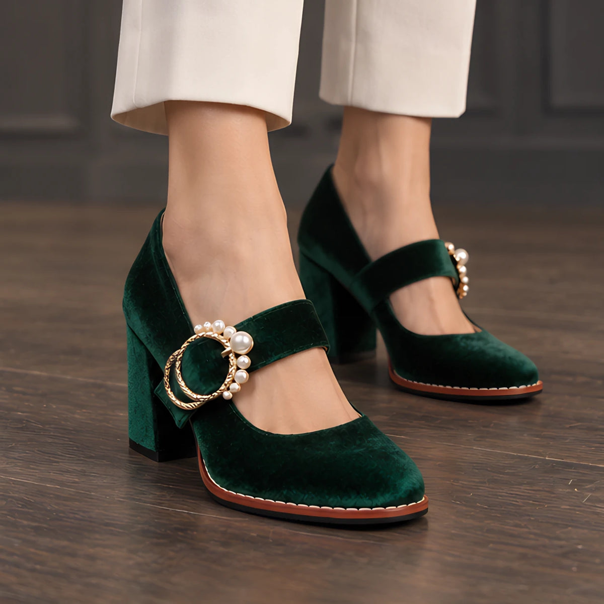 Mathilde Women's Velvet Mary Jane Heels - Green - Women's Footwear > Heels > Mary Jane Heels - Hendlys - Image 1