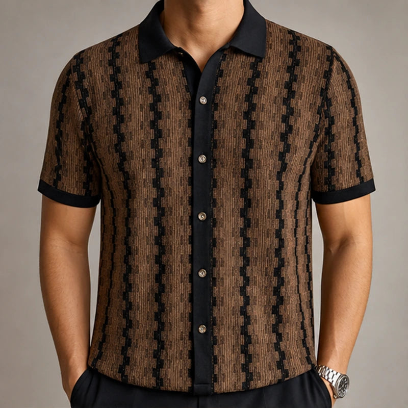 Meccari Contrast Knit Polo Shirt - Brown - Polo - Hendlys - Image 1