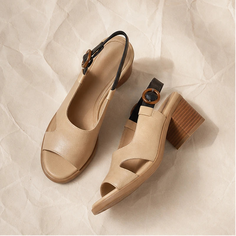 Merilla Open-Toe Block Heel Sandals - Beige - womens sandals - Hendlys - Image 2
