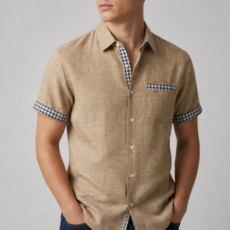 Morel Contrast Trim Linen Shirt - Khaki - Shirt - Hendlys - Image 1