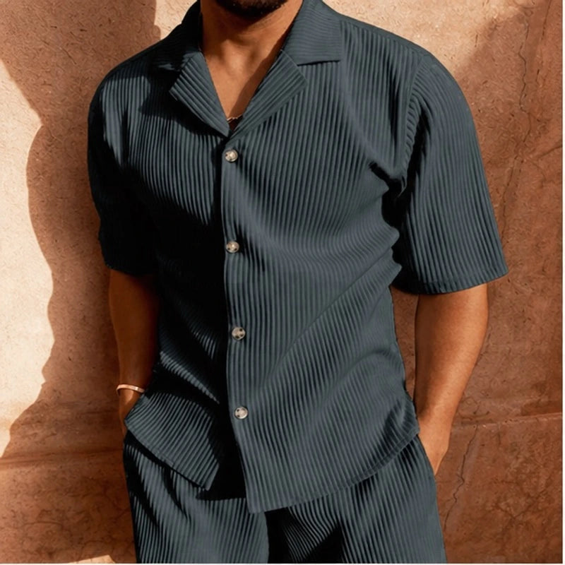 Nevan Textured Short Sleeve Resort Set - Dark Grey - Outfit Set - Hendlys - Image 1