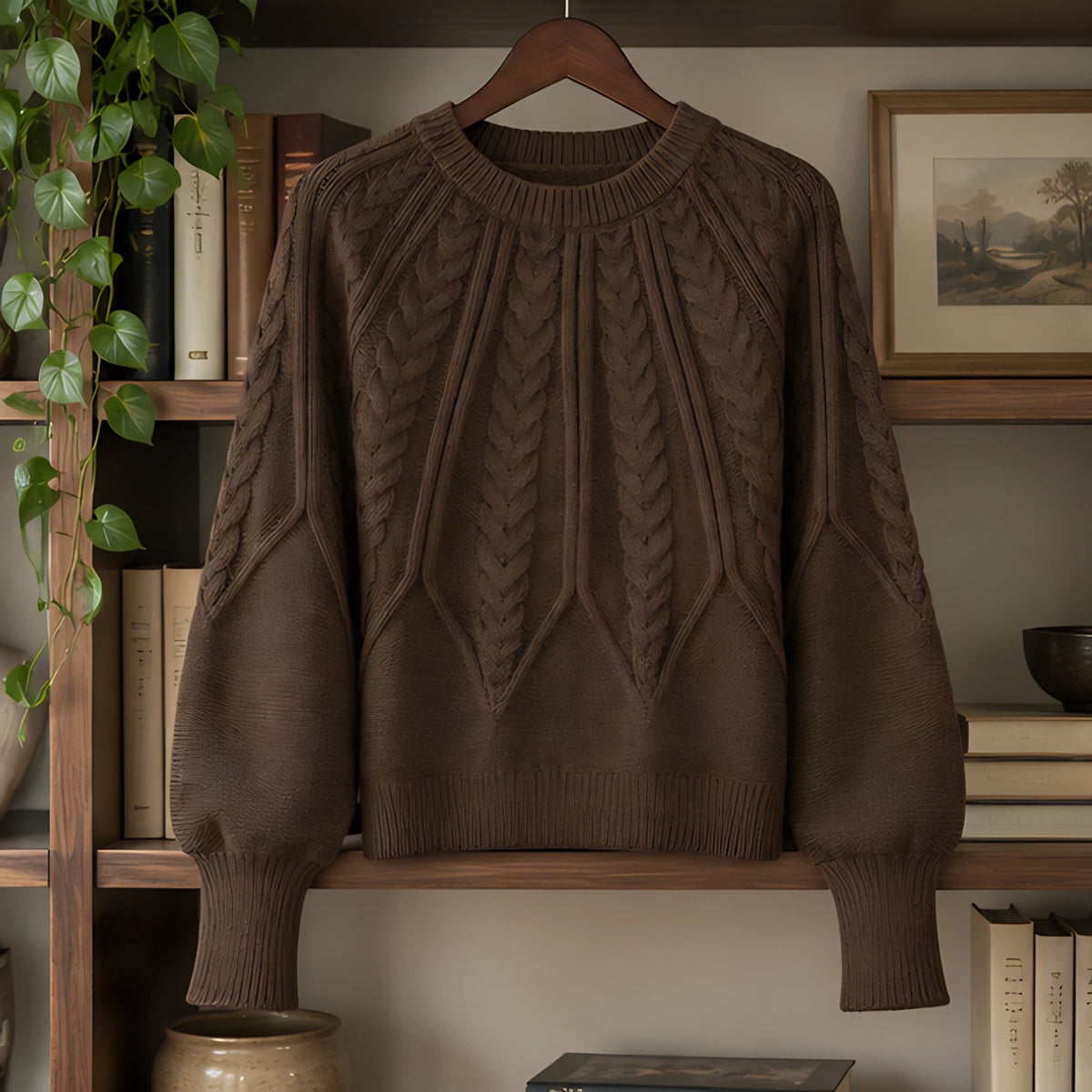 Odelia Women's Cable-Knit Crewneck Sweater - Dark Brown - female - Hendlys - Image 3