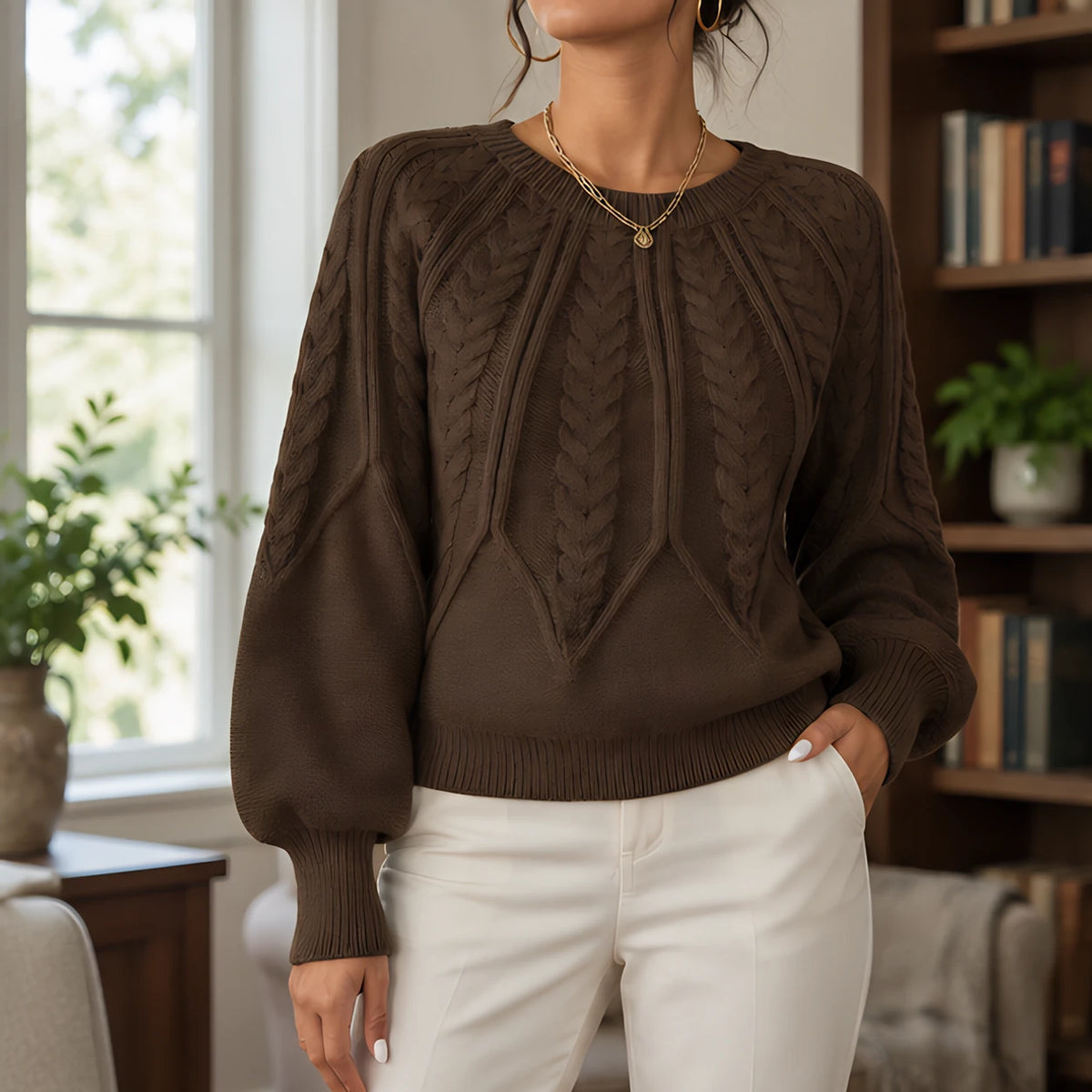 Odelia Women's Cable-Knit Crewneck Sweater - Dark Brown - Women's Clothing > Sweaters & Cardigans > Cable-Knit Sweaters - Hendlys - Image 1