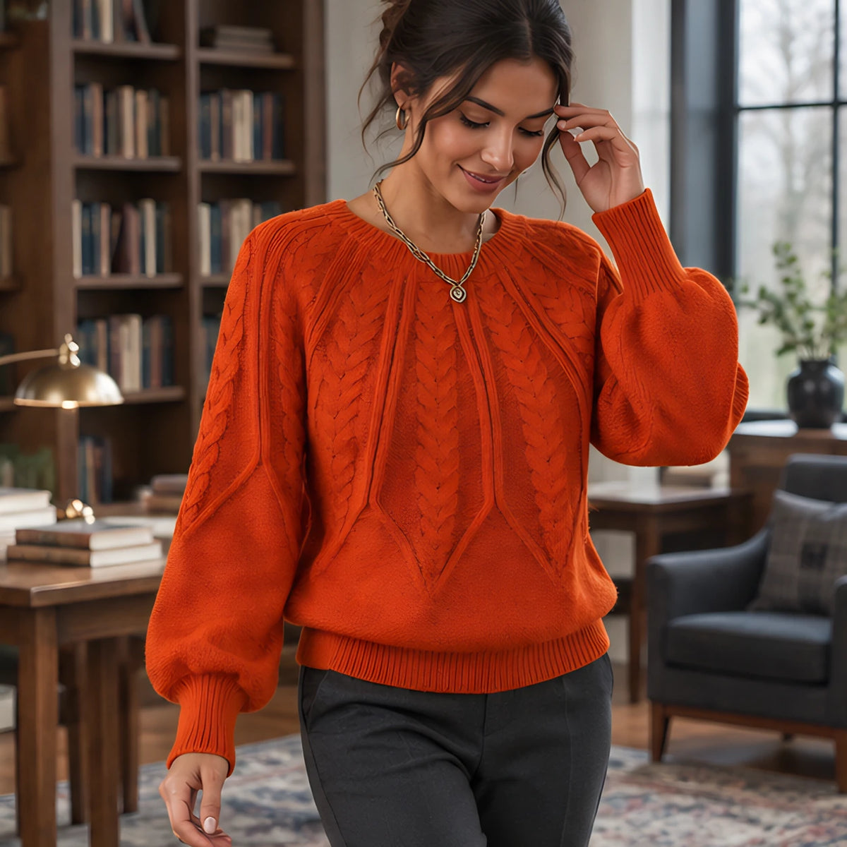 Odelia Women's Cable-Knit Crewneck Sweater - Orange - AW - Womens - Sweaters - Hendlys - Image 2