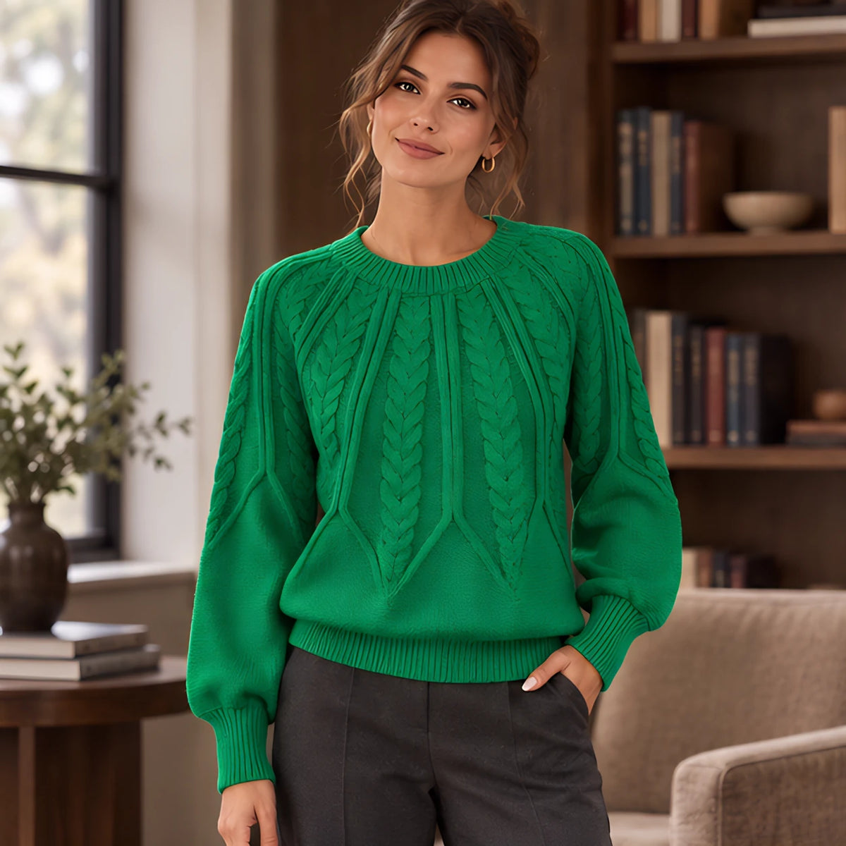 Odelia Women's Cable-Knit Crewneck Sweater - Green - Women's Clothing > Sweaters & Cardigans > Cable-Knit Sweaters - Hendlys - Image 1