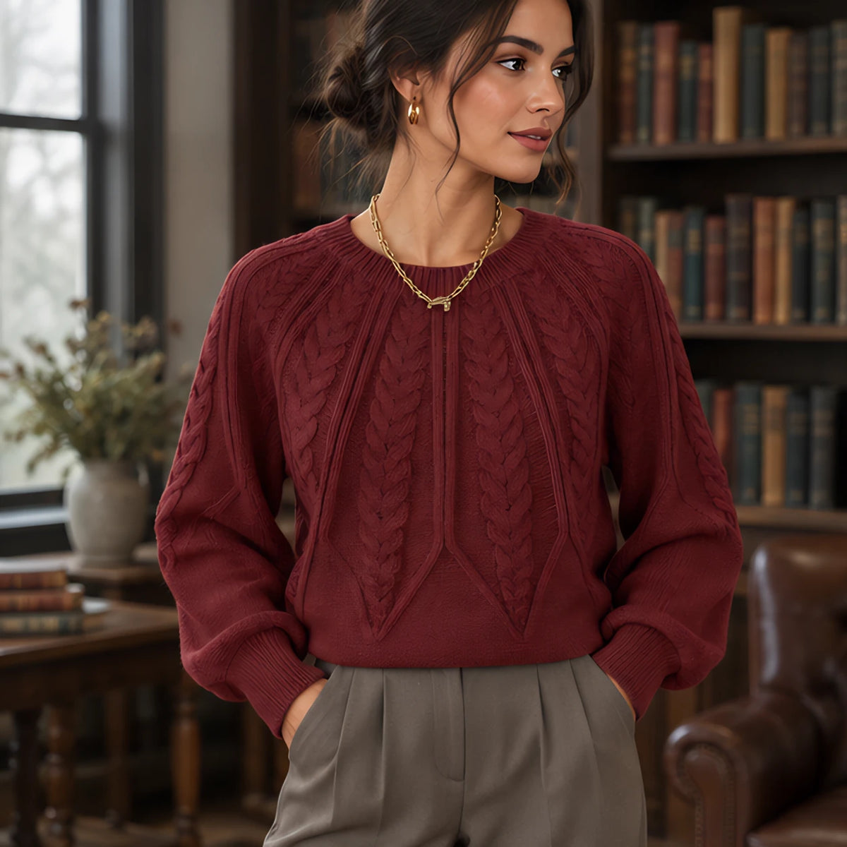 Odelia Women's Cable-Knit Crewneck Sweater - Red - Women's Clothing > Sweaters & Cardigans > Cable-Knit Sweaters - Hendlys - Image 1