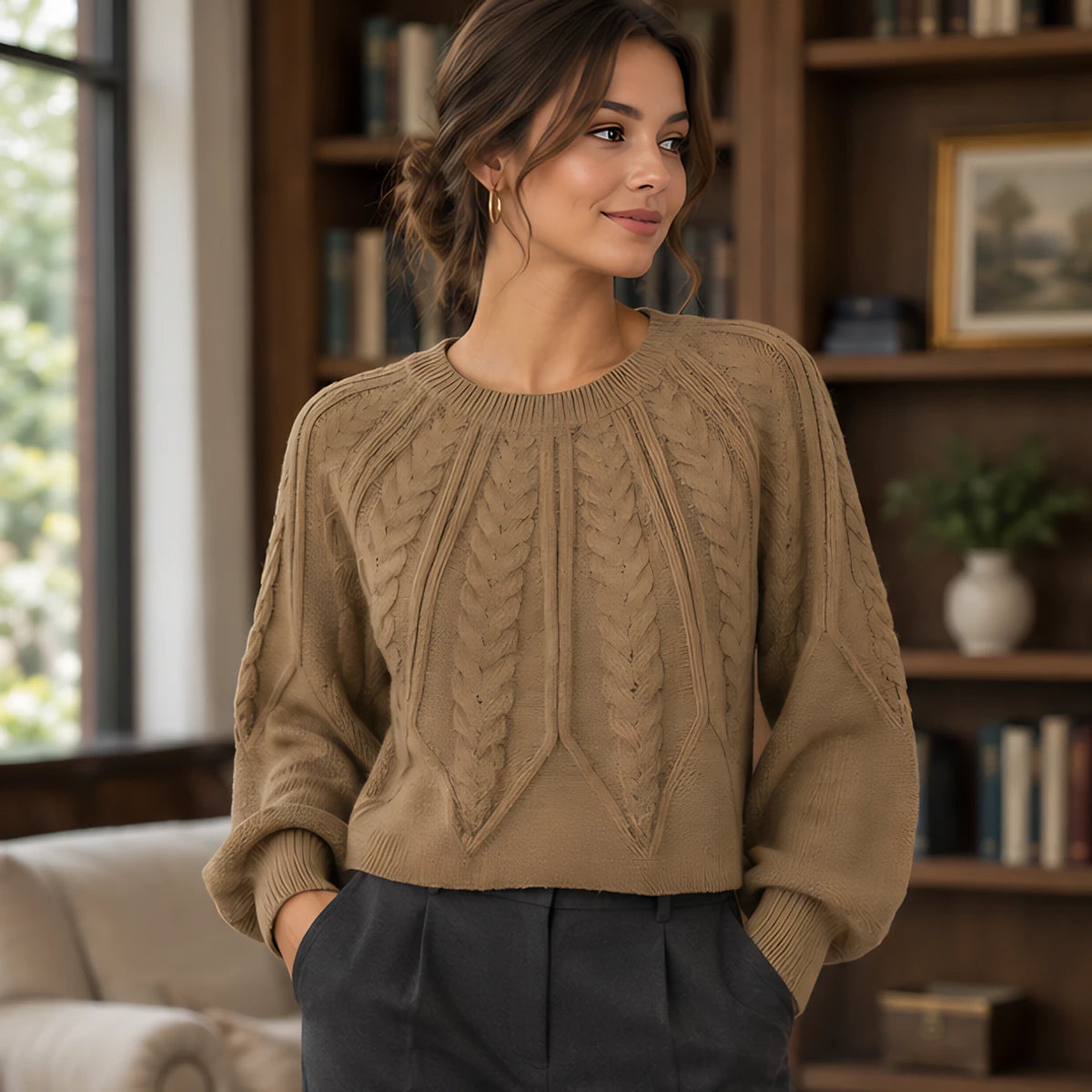 Odelia Women's Cable-Knit Crewneck Sweater - Brown - Women's Clothing > Sweaters & Cardigans > Cable-Knit Sweaters - Hendlys - Image 1