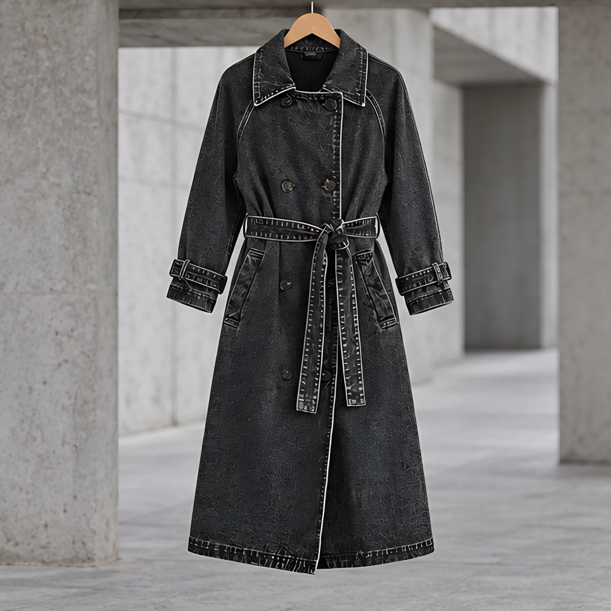 Odette Women's Double-Breasted Denim Trench Coat - Black - ai-processed - Hendlys - Image 3