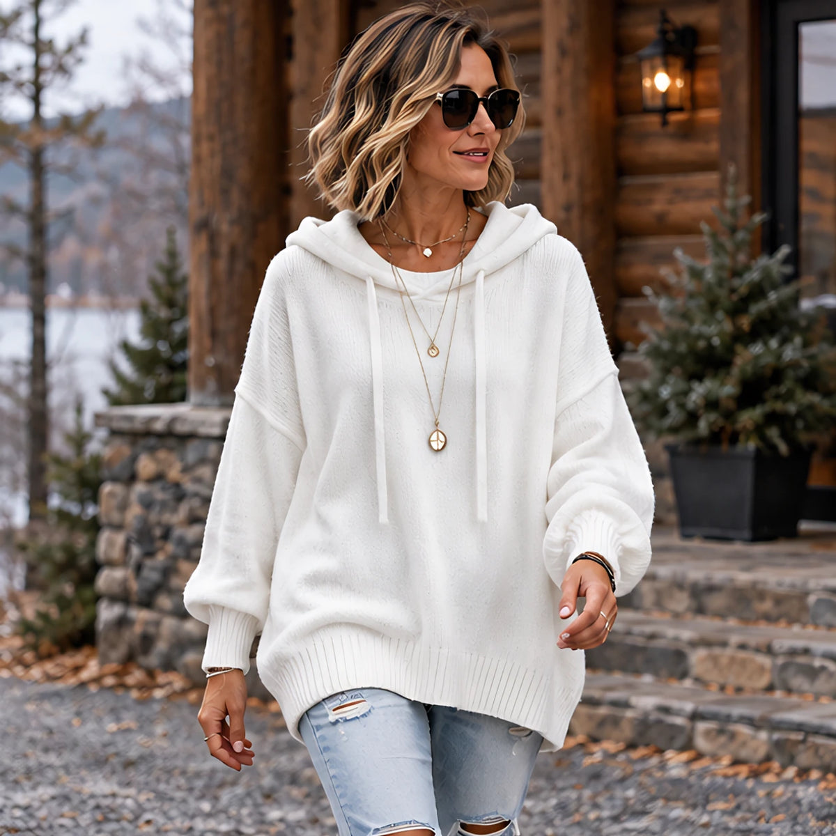 Ondine Women's Drawstring Hooded Knit Sweater - White - CLO - Hendlys - Image 2