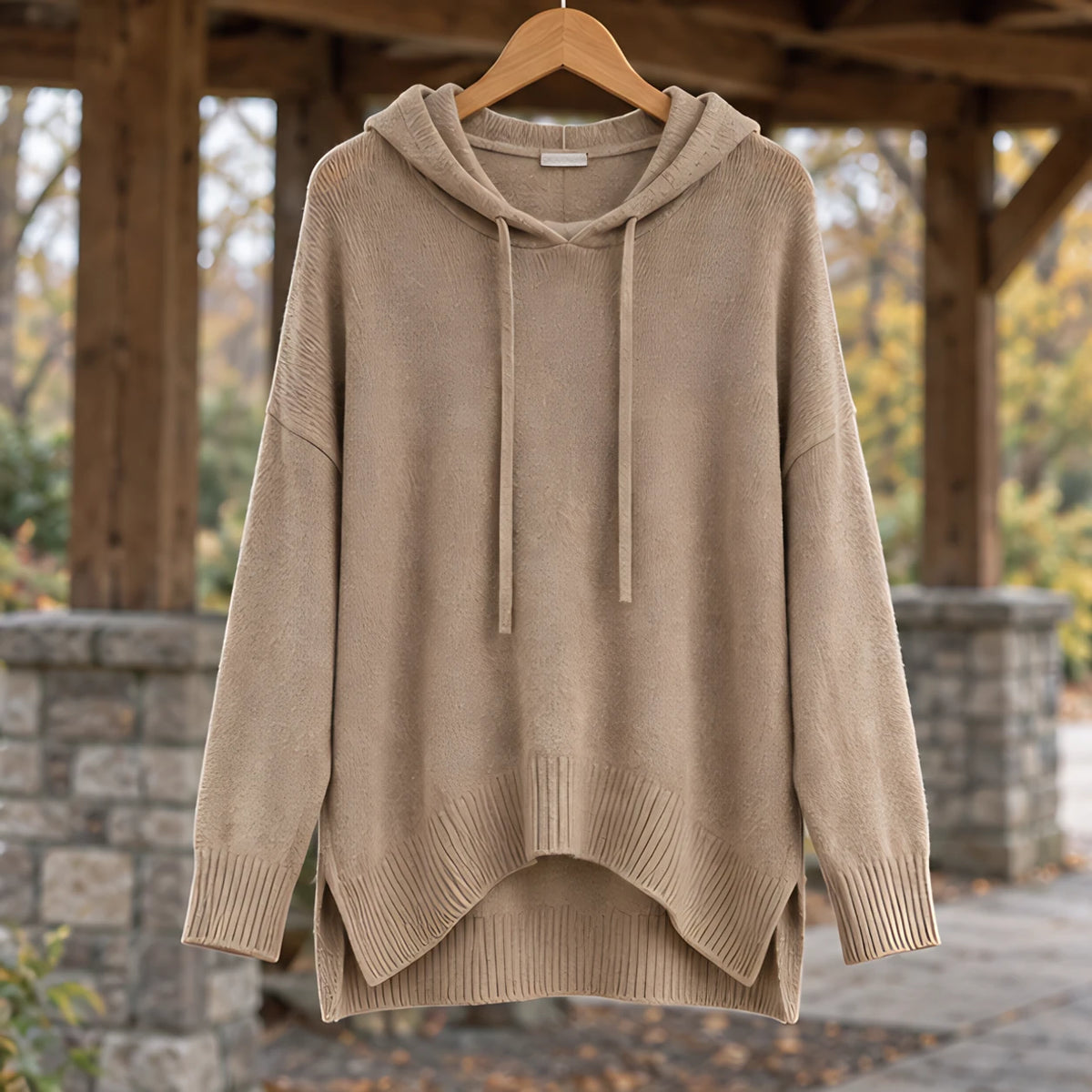 Ondine Women's Drawstring Hooded Knit Sweater - Khaki - CLO-TOP-HOODIE - Hendlys - Image 3