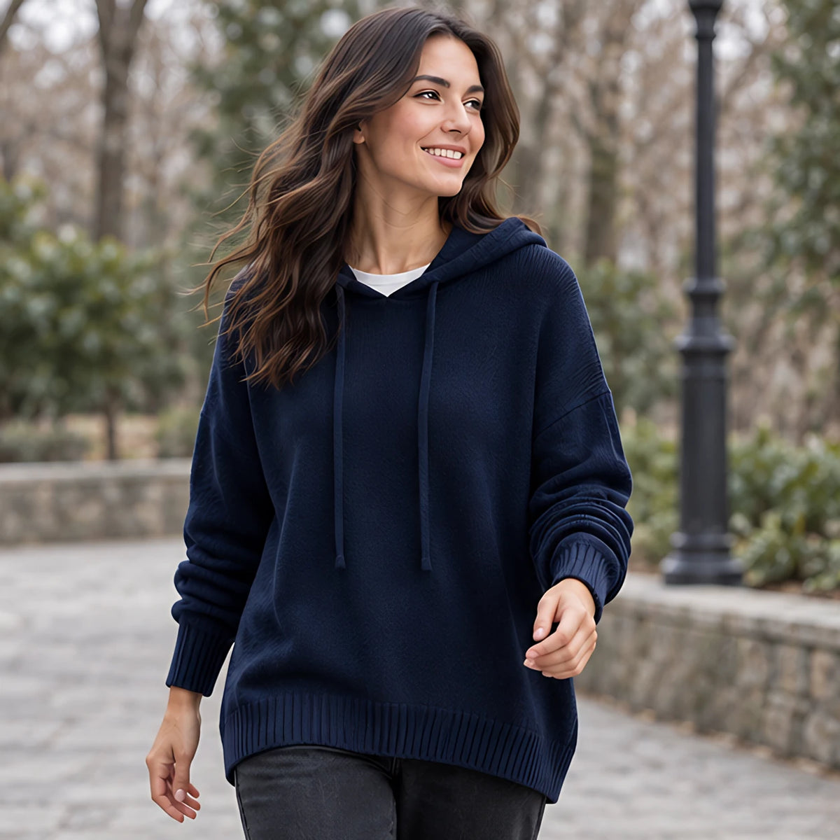 Ondine Women's Drawstring Hooded Knit Sweater - Navy Blue - CLO - Hendlys - Image 2