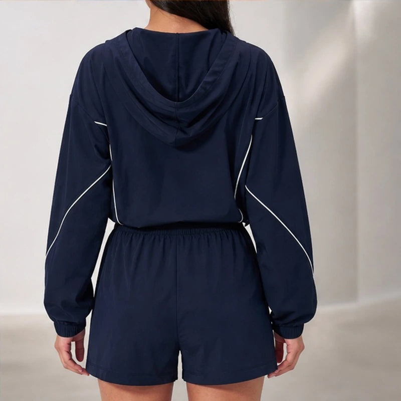 Paloma Cropped Hoodie Shorts Training Set - Navy Blue - women's activewear - Hendlys - Image 2
