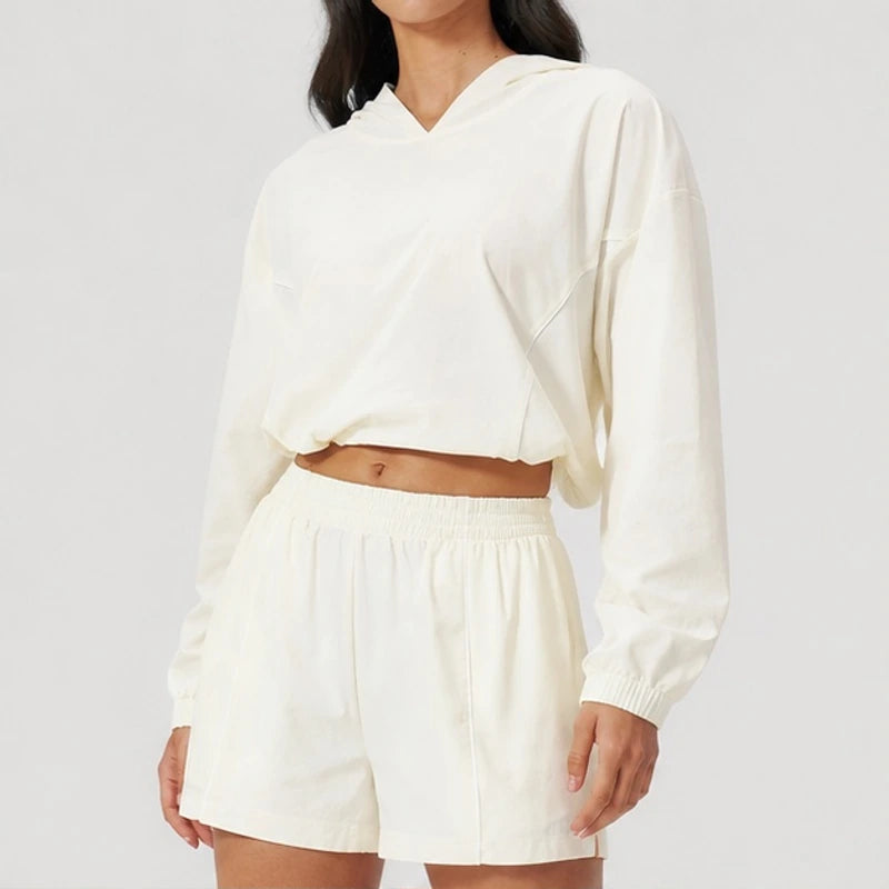 Paloma Cropped Hoodie Shorts Training Set - Light Cream - Outfit Set - Hendlys - Image 1