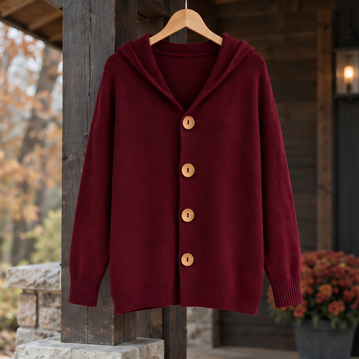 Phoebe Women's Waffle-Knit Hooded Cardigan - Burgundy - CLO - Hendlys - Image 2