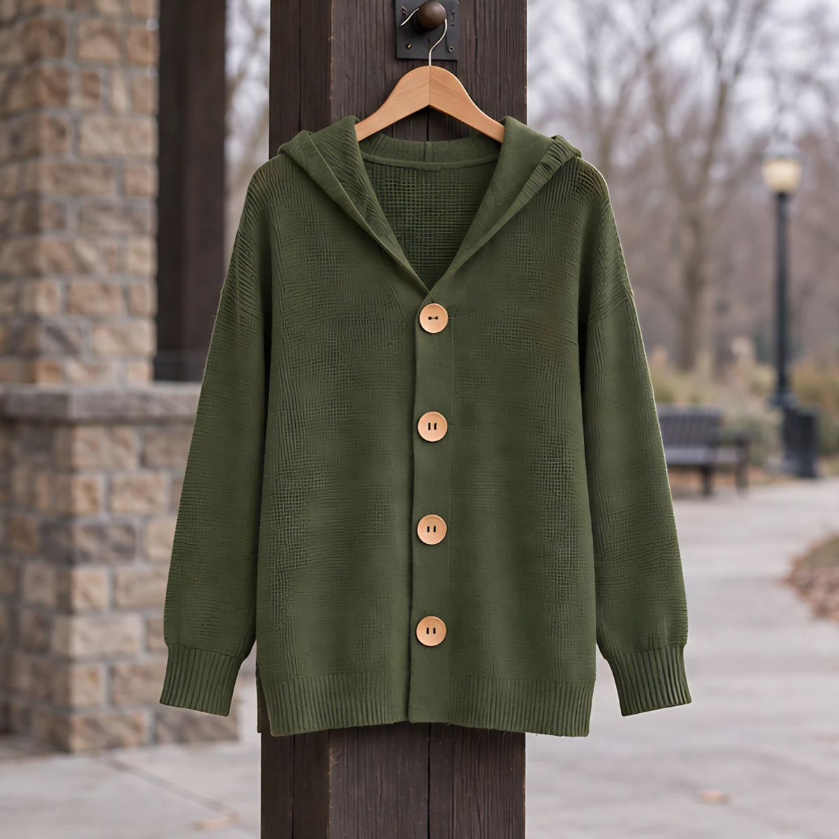 Phoebe Women's Waffle-Knit Hooded Cardigan - Army Green - CLO-TOP-KNIT - Hendlys - Image 3