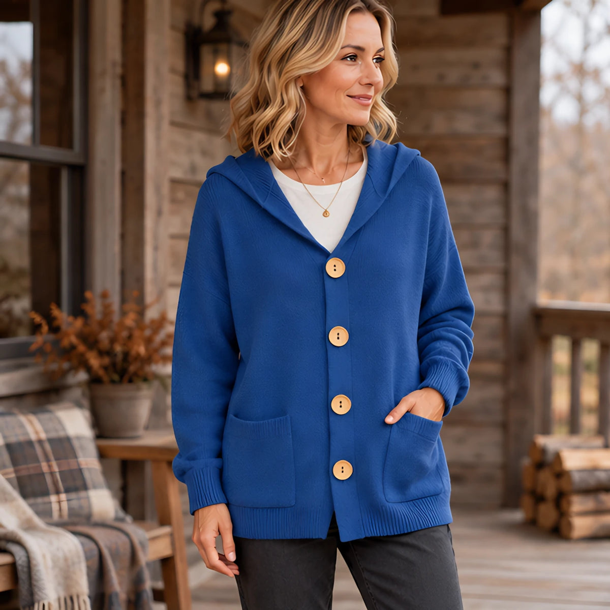 Phoebe Women's Waffle-Knit Hooded Cardigan - Blue - Women's Clothing > Sweaters & Cardigans > Hooded Cardigans - Hendlys - Image 1