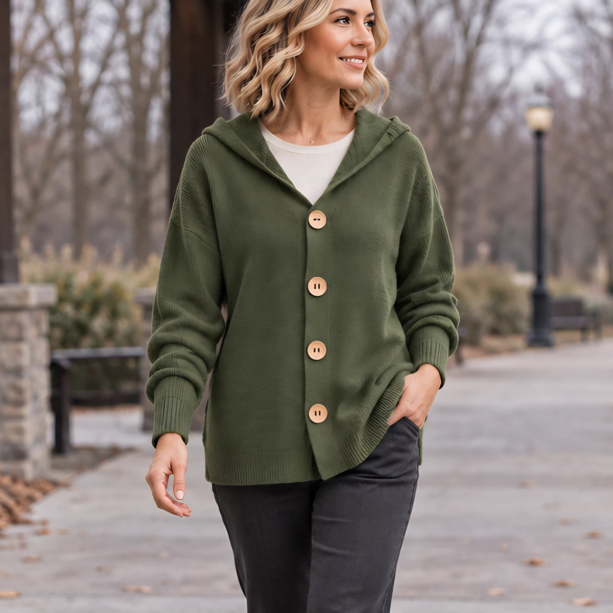 Phoebe Women's Waffle-Knit Hooded Cardigan - Army Green - CLO - Hendlys - Image 2