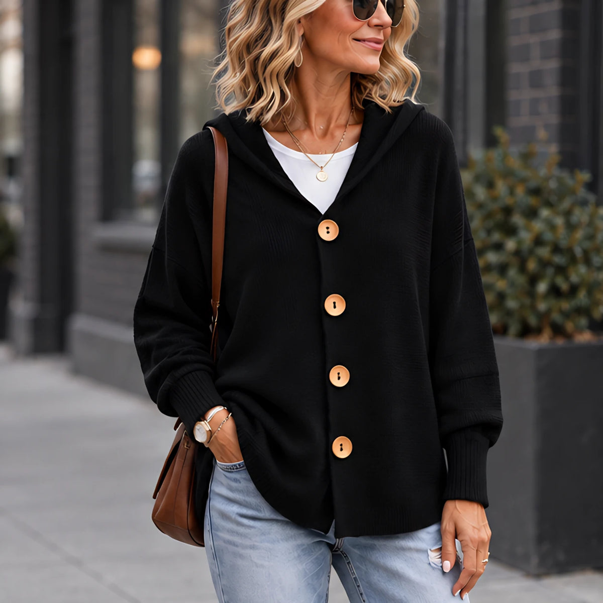 Phoebe Women's Waffle-Knit Hooded Cardigan - Black - Women's Clothing > Sweaters & Cardigans > Hooded Cardigans - Hendlys - Image 1