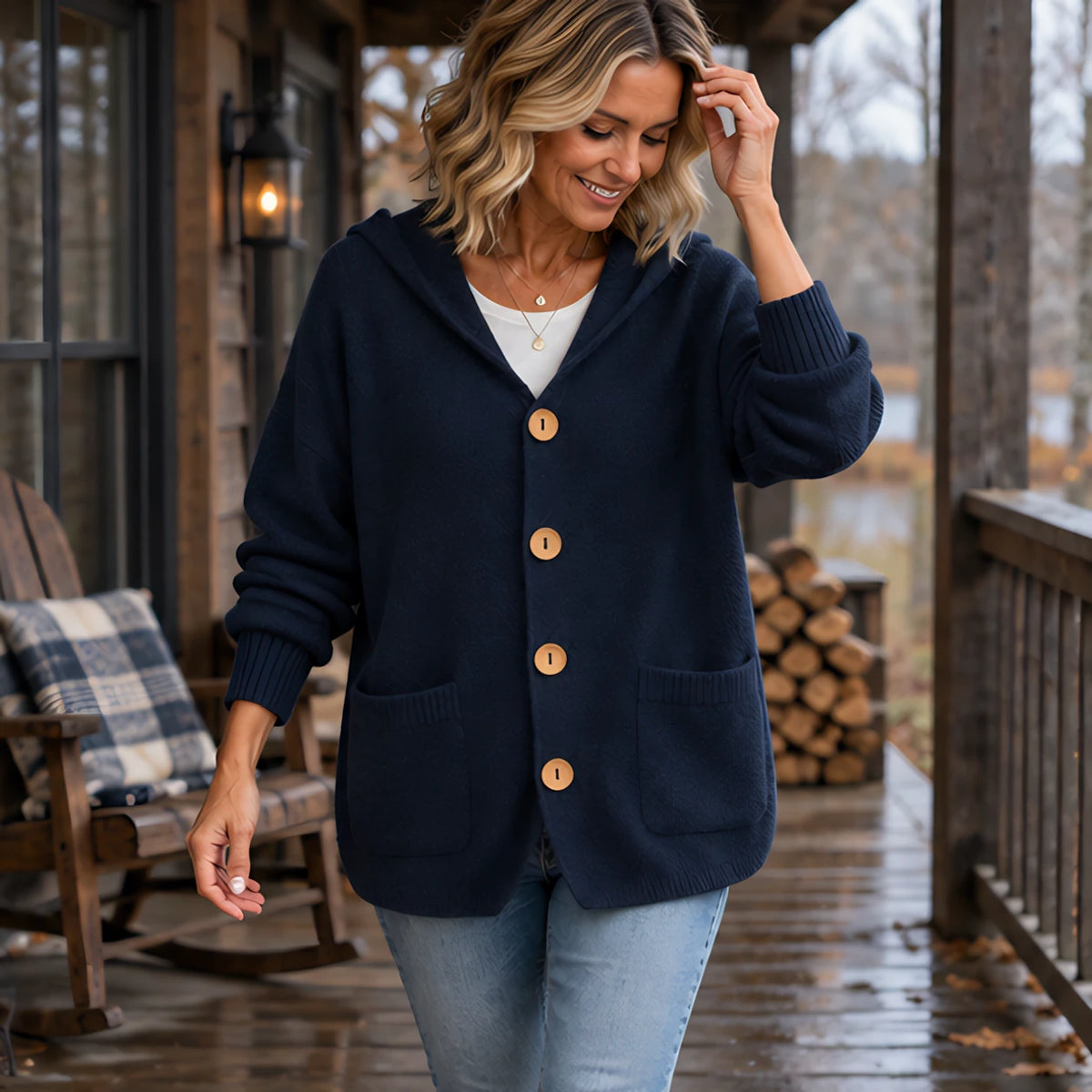 Phoebe Women's Waffle-Knit Hooded Cardigan - Navy Blue - Women's Clothing > Sweaters & Cardigans > Hooded Cardigans - Hendlys - Image 1
