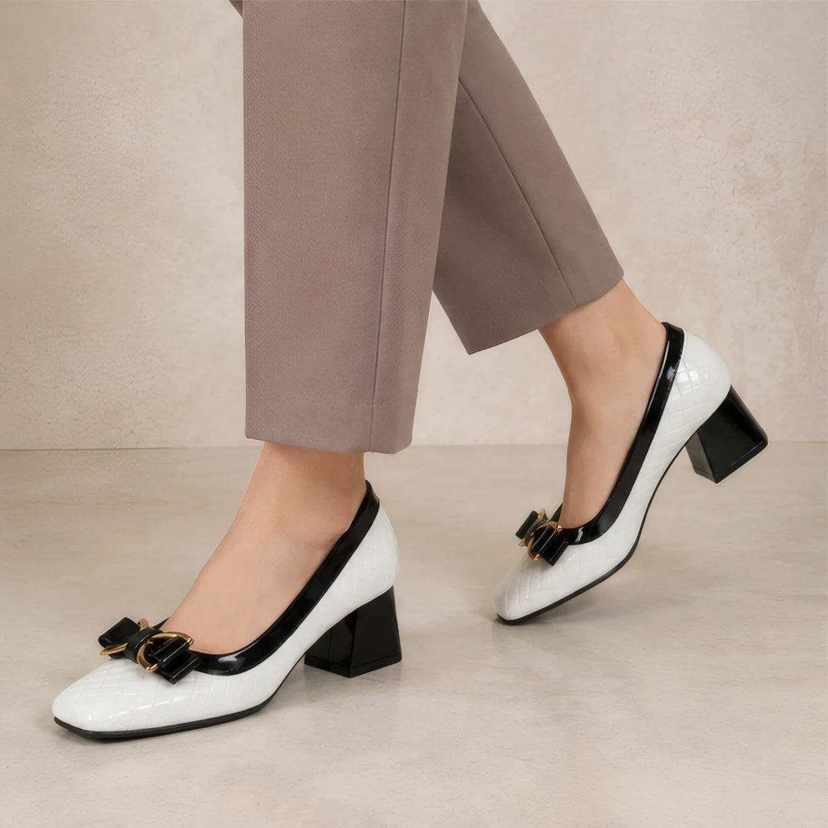 Quintessa Quilted Gold Bar Bow Pumps - Chalk - Footwear > Pumps > Block Heel Pumps - Hendlys - Image 3
