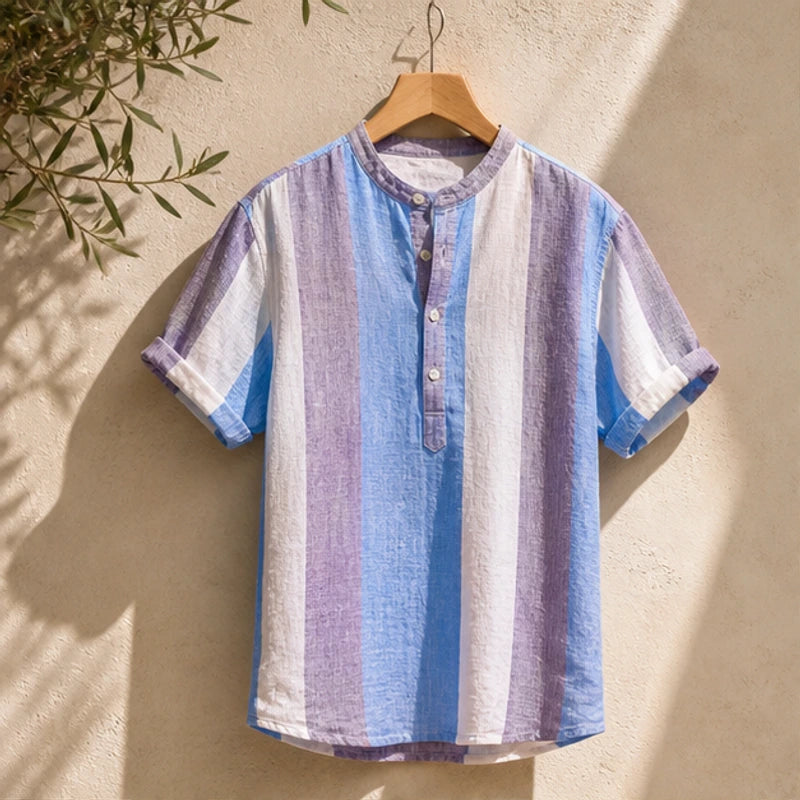 Santorina Striped Linen Henley Shirt - Purple - Shirt - Hendlys - Image 1