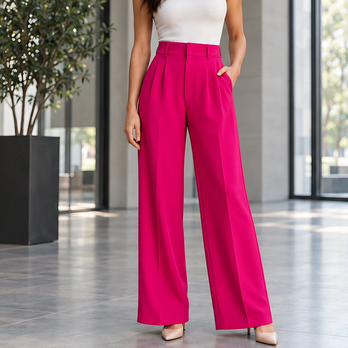 Romilly Women's High-Rise Tailored Wide-Leg Trousers - Pink Red - Women's Clothing > Pants > Wide Leg Pants - Hendlys - Image 1