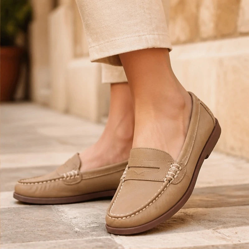 Roselle Orthopedic Leather Loafers - Khaki - Women's Footwear > Orthopedic Penny Loafers - Hendlys - Image 1