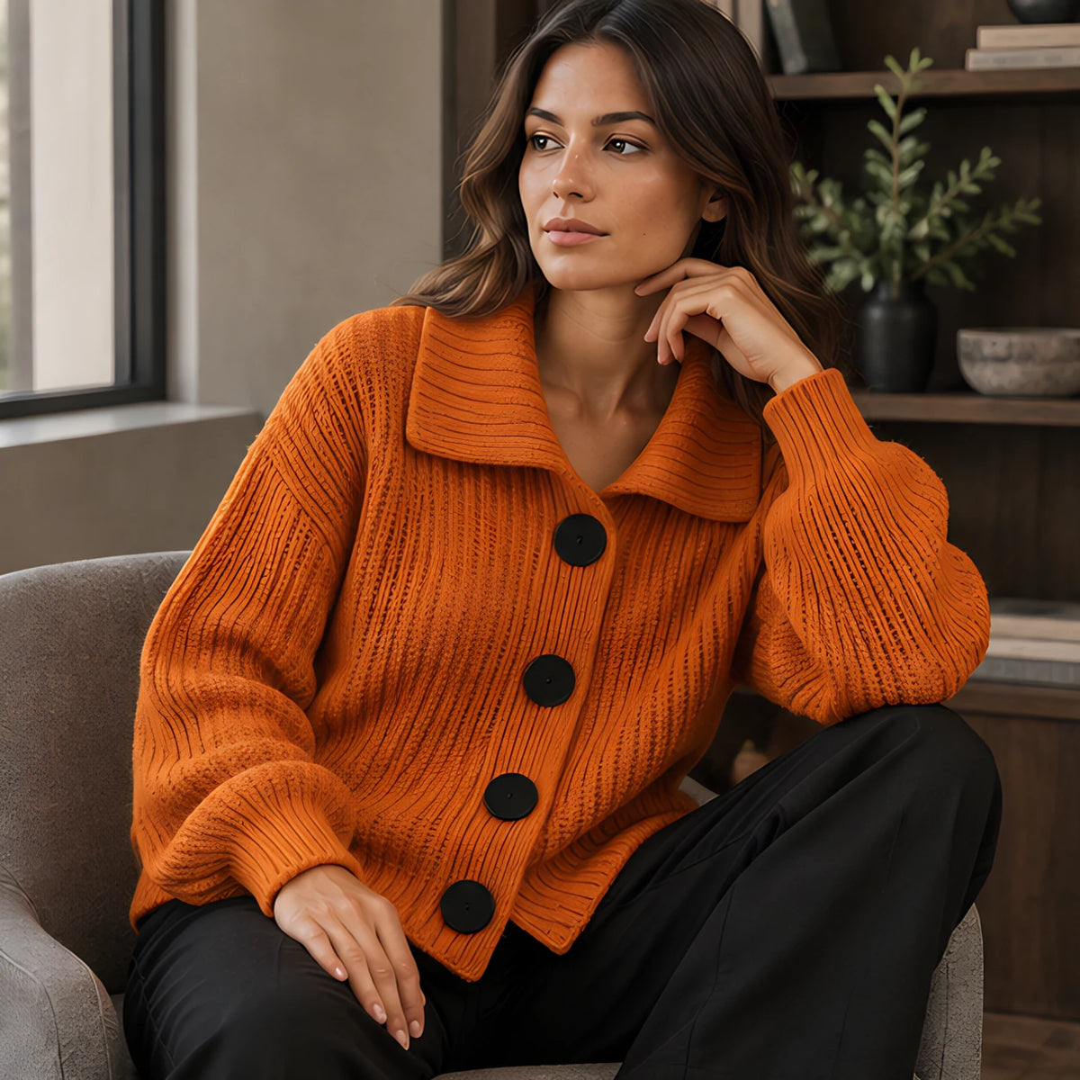 Samara Women's Wide-Collar Ribbed Cardigan - Orange - Women's Clothing > Sweaters & Cardigans > Cardigans - Hendlys - Image 1