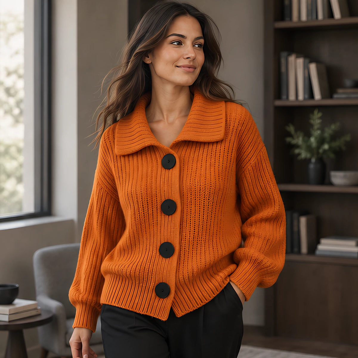 Samara Women's Wide-Collar Ribbed Cardigan - Orange - AW - Womens - Cardigans - Hendlys - Image 2