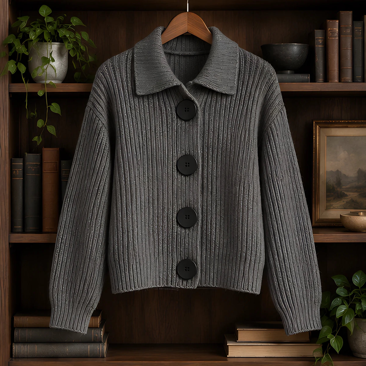 Samara Women's Wide-Collar Ribbed Cardigan - Gray - female - Hendlys - Image 3