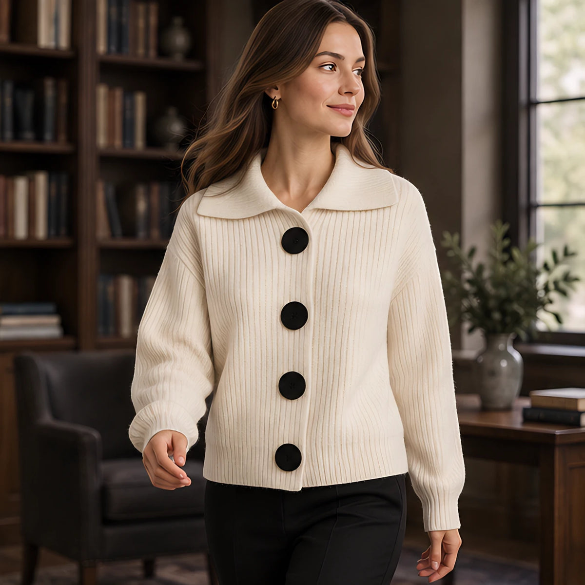 Samara Women's Wide-Collar Ribbed Cardigan - White - AW - Womens - Cardigans - Hendlys - Image 2