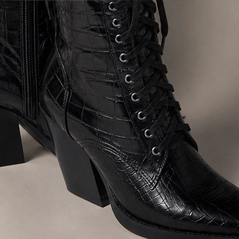 Selma Croc-Embossed Lace-Up Boots - Black - lace-up boots - Hendlys - Image 4