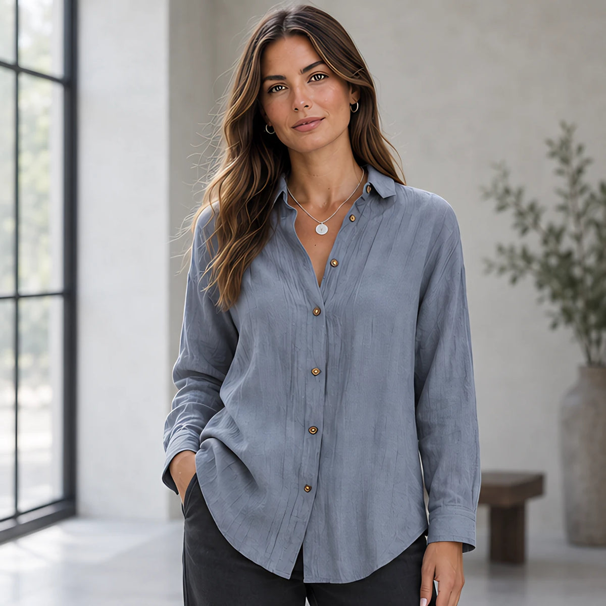 Sloane Women's Relaxed-Fit Long Sleeve Shirt - Grey - Women's Clothing > Tops > Long Sleeve Shirts - Hendlys - Image 1