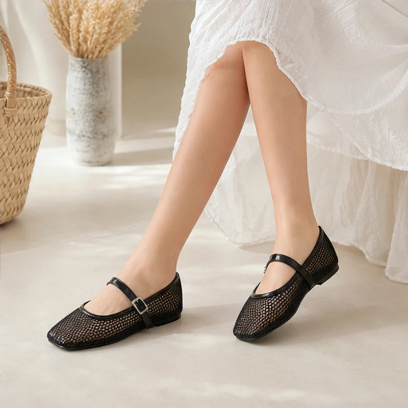 Solene Mesh Mary Jane Flats - Black - patent strap - Hendlys - Image 6