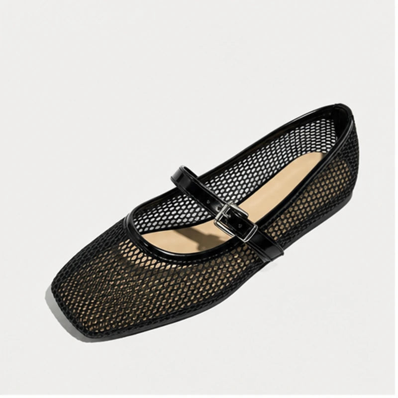 Solene Mesh Mary Jane Flats - Black - Flats - Hendlys - Image 1