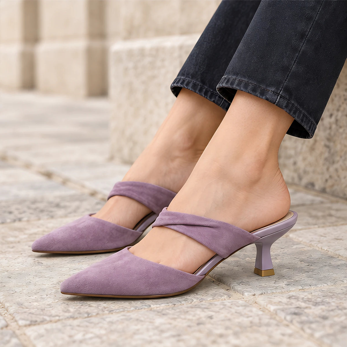 Thalia Women's Suede Kitten-Heel Mules - Lavender - female - Hendlys - Image 3