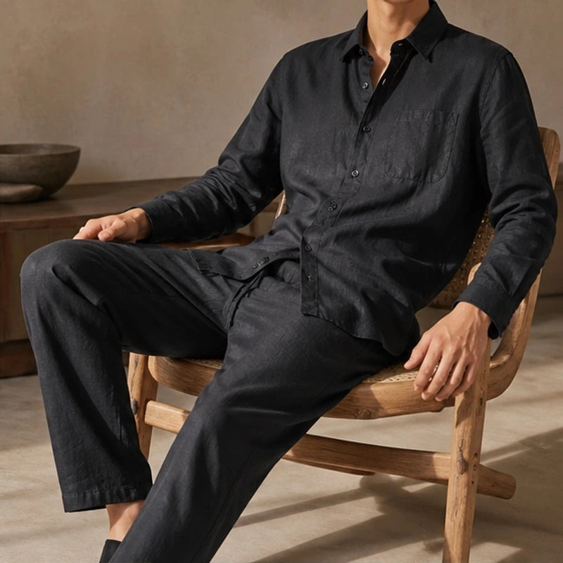Theon Relaxed Shirt and Trouser Set - Black / Black - linen set - Hendlys - Image 2